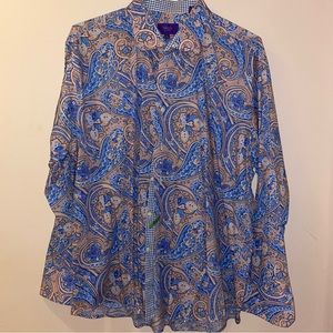 TALLIA Men’s Dress Shirt XL 17.5 Blue and Tan Paisley